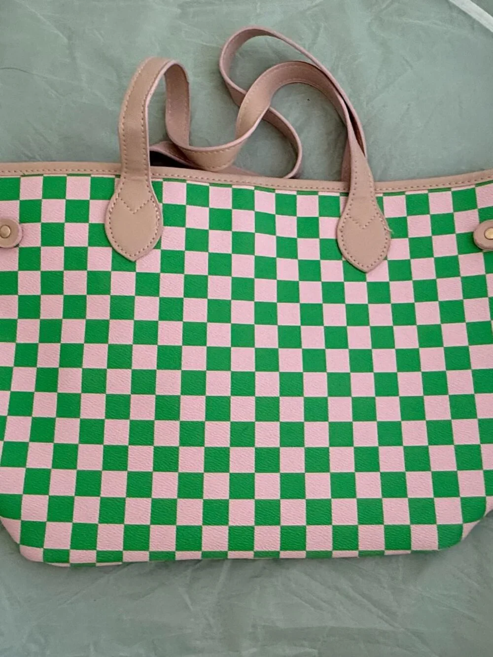 Pink & Green Checkered Weekender/Duffle Bag + Matching Zip Wallet/Card Case 4pc
